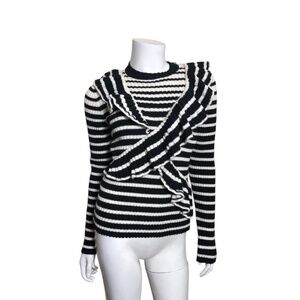 MSGM Milano Ruffled Stripe Ribbed Sweater in Black and Cream Size XS